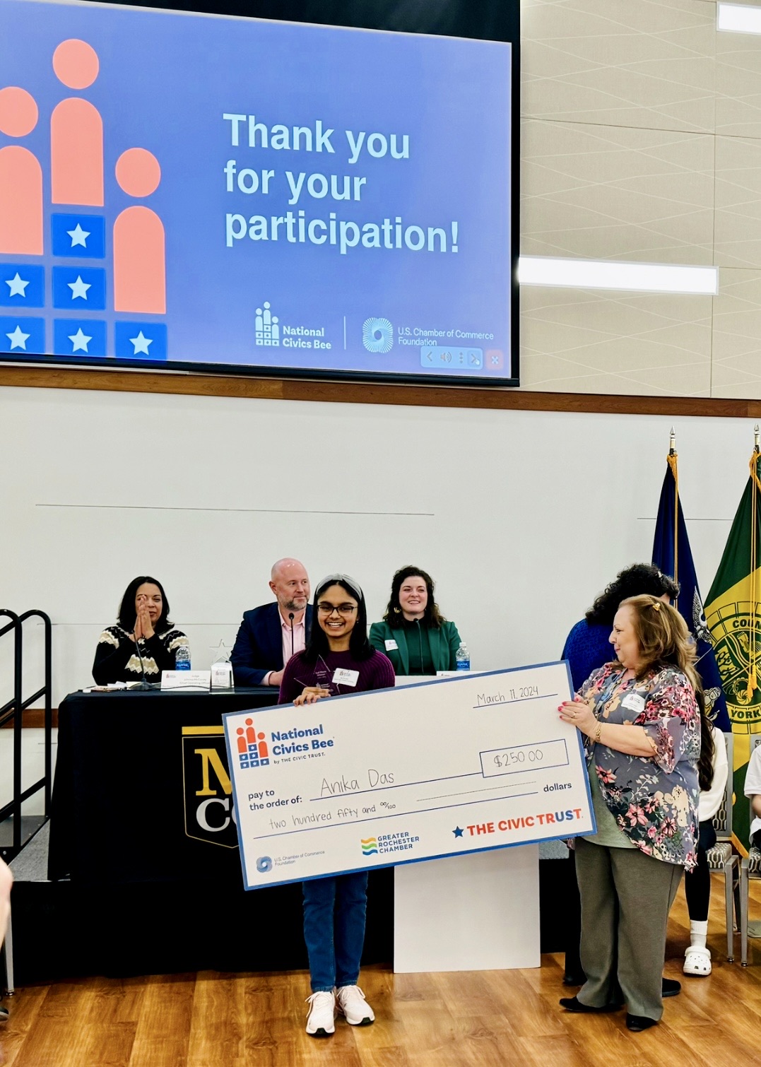 Eagle Hill Middle School student Anika Das won second place in the Regional Civics Bee, earning a spot in the NYS qualifier for the National Civics Bee.