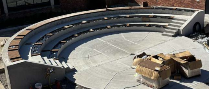 new stadium seating in the high school courtyard